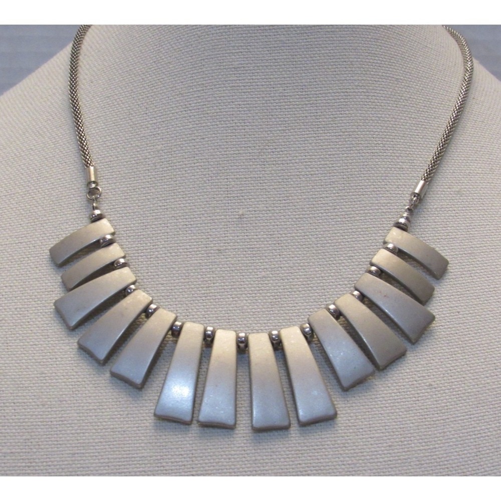 NY‎ Silver Tone Brushed Metal Geometric Fringe Bib Statement Necklace Chain
